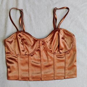 Sky & Sparrow Tank Womens XS Brown Cropped Satin Strappy Sweetheart Neck